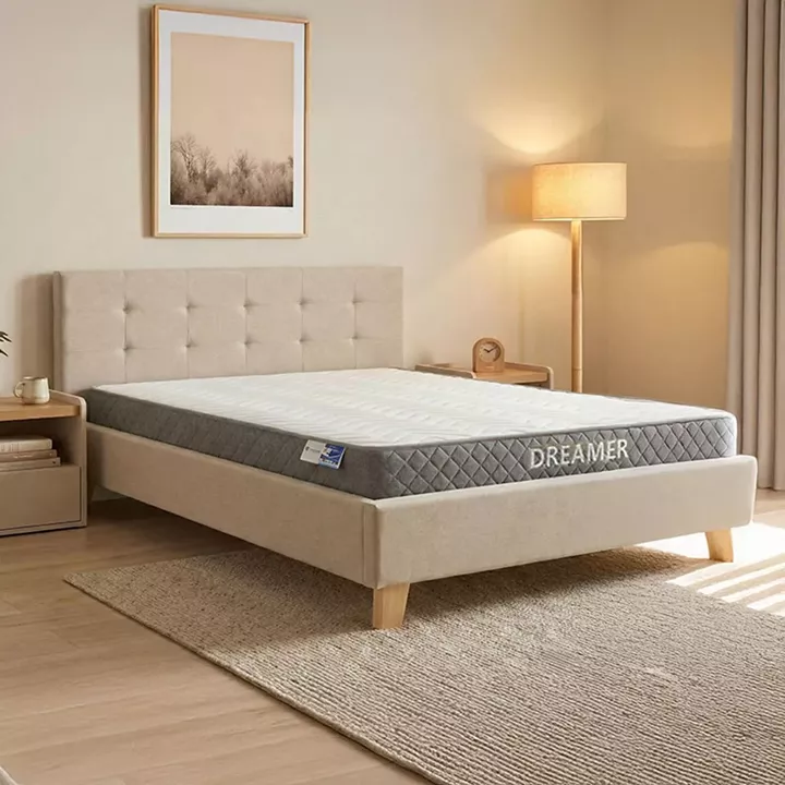 Bed with mattress Mago-Dreamer pakoworld ecru fabric - wooden leg in natural shade 160x200cm