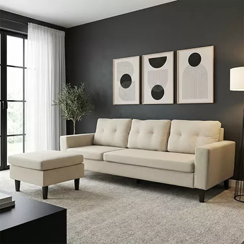 Γωνιακός καναπές αναστρέψιμος Maneli pakoworld ύφασμα αμμου -μπεζ 196x138/77x82εκ