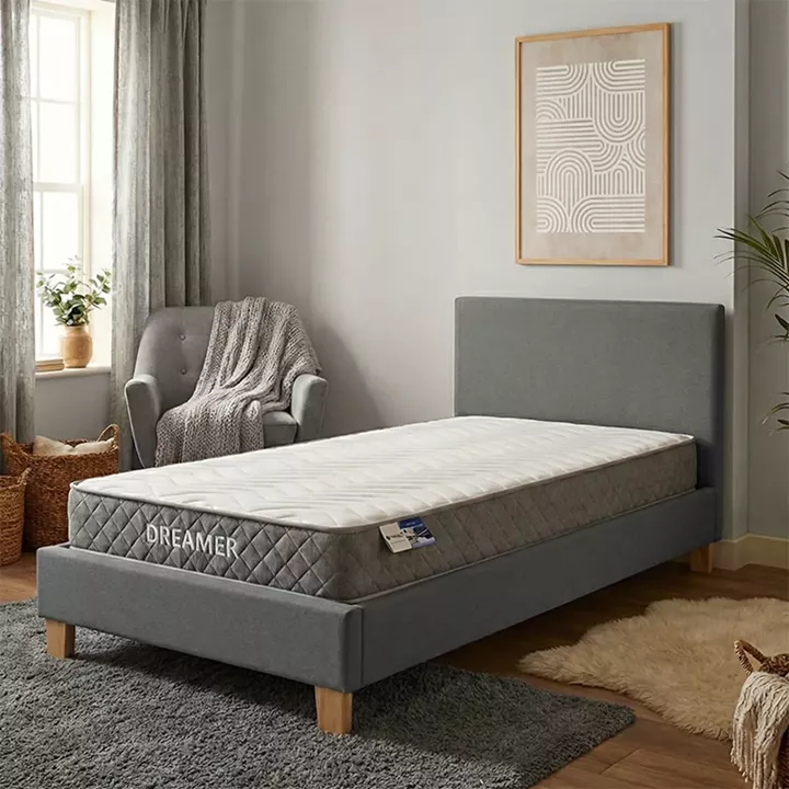 Bed with mattress Nevil-Dreamer pakoworld anthracite fabric-wooden leg in natural 100x200cm