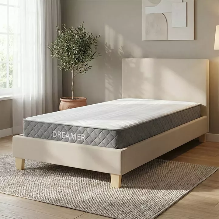 Κρεβάτι με στρώμα Nevil-Dreamer pakoworld ύφασμα μπεζ-ξύλινο πόδι σε φυσική απόχρωση 100x200εκ