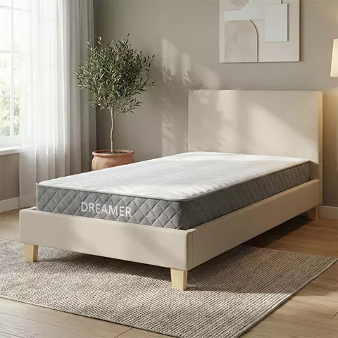 Bed with mattress Nevil-Dreamer pakoworld beige fabric-wooden leg in natural 100x200cm