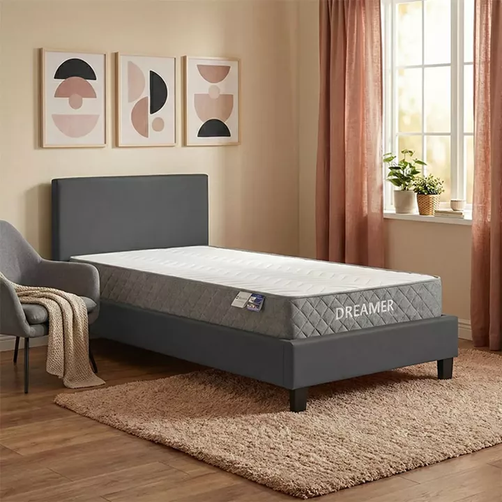 Κρεβάτι με στρώμα Nevil-Dreamer pakoworld ύφασμα ανθρακί-μαύρο πόδι 90x190εκ