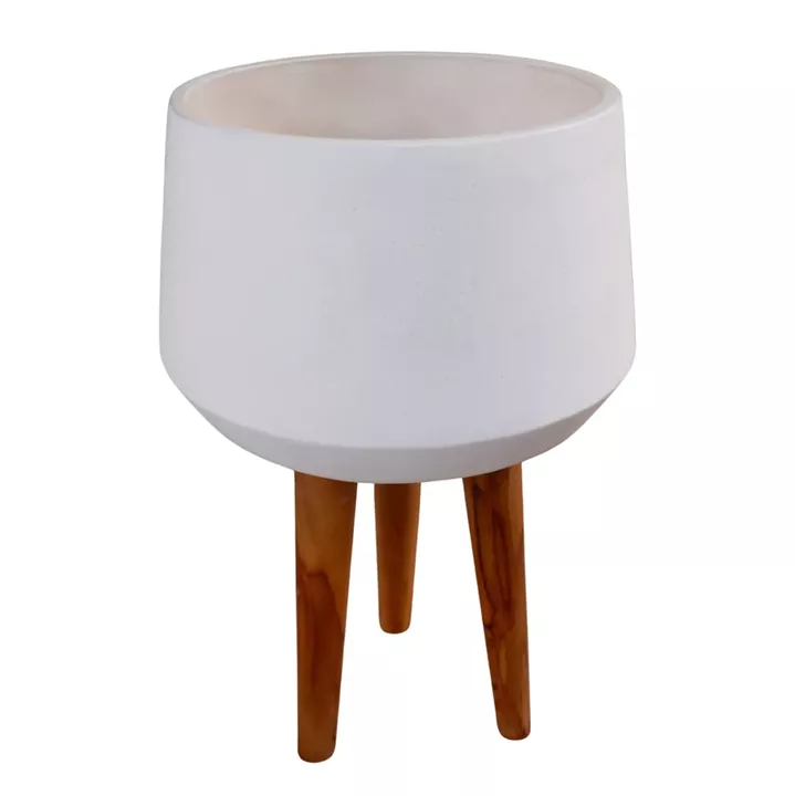 INDOOR POT QUAN HM4680.02L FIBER CEMENT IN WHITE--TEAK BASE Φ40x85Hcm