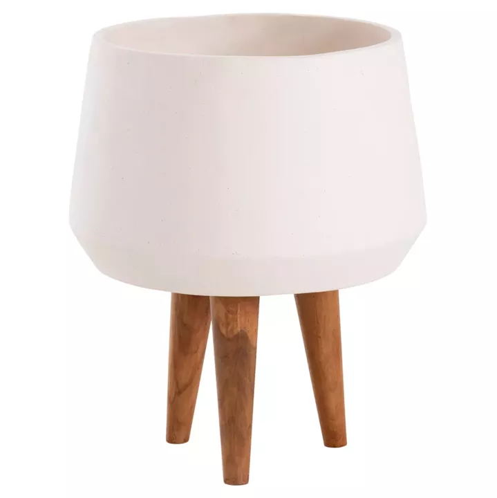 INDOOR POT QUAN HM4680.02M FIBER CEMENT IN WHITE--TEAK BASE Φ40x65Hcm