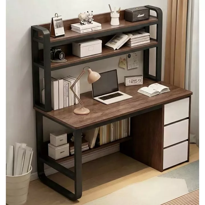 ΓΡΑΦΕΙΟ Η/Υ 3 Συρτάρια 3 Ράφια Μέταλλο Βαφή Μαύρο, MDF Απόχρωση Καρυδί