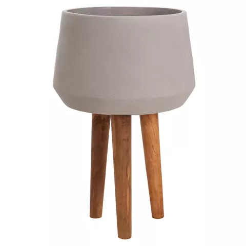 INDOOR POT QUAN HM4680.03L FIBER CEMENT IN GREY--TEAK BASE Φ38x62Hcm