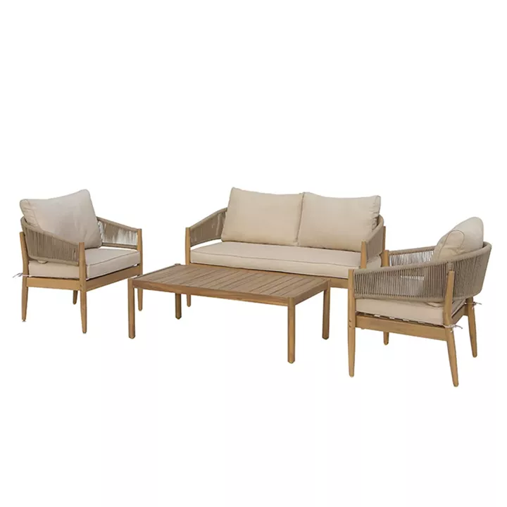 Outdoor lounge set Lemanda pakoworld acacia wood with rope -beige cushions