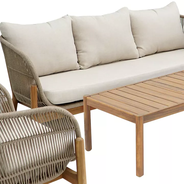 Σαλόνι εξωτερικού χώρου Verilan pakoworld μασίφ ξύλο ακακίας με σχοινί και μπεζ μαξιλάρια