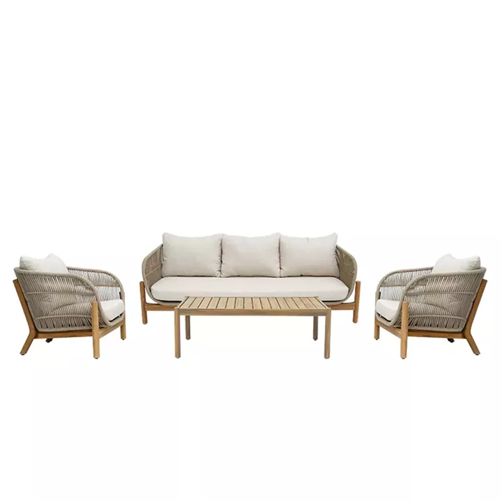 Σαλόνι εξωτερικού χώρου Verilan pakoworld μασίφ ξύλο ακακίας με σχοινί και μπεζ μαξιλάρια