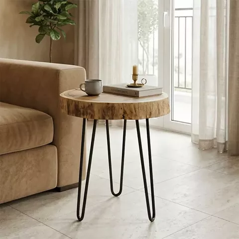 Βοηθητικό τραπέζι Tripp Ι pakoworld μασίφ ξύλο ακακίας σε φυσική απόχρωση-μαύρα μεταλλικά πόδια Φ41x45εκ