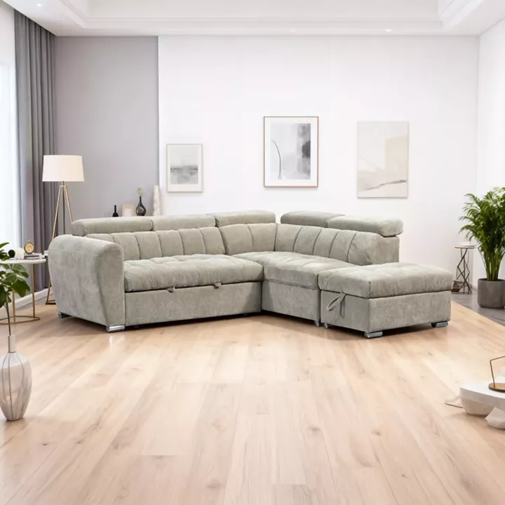 Γωνιακός καναπές-κρεβάτι αριστερή γωνία Nuvora pakoworld με αποθηκευτικό χώρο μπεζ ύφασμα 244x225x79εκ