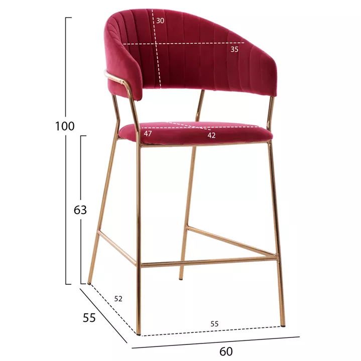 BAR STOOL MED.HEIGHT THEODORE HM8734.06 BURGUNDY RED VELVET--GOLDEN METAL FRAME 60x55x100Hcm.