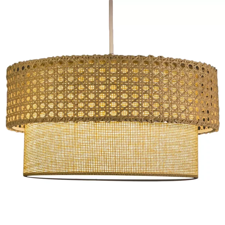 PENDANT CEILING LAMP HM7629.01 TWO-LAYER DRUM-RATTAN AND FABRIC, METAL FRAME