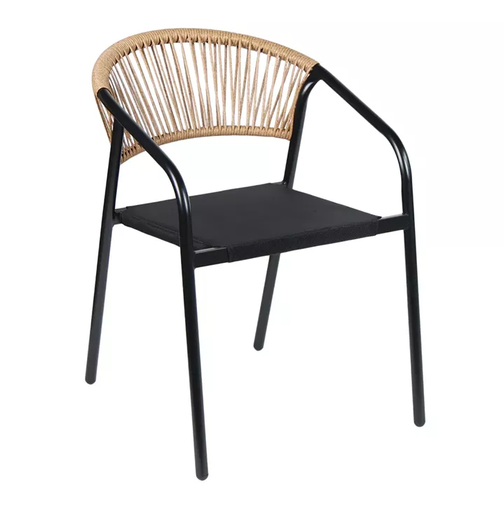 OUTDOOR ARMCHAIR HOMAN HM6430.03 METAL FRAME & TEXTILENE SEAT IN BLACK--BEIGE P.E.RATTAN 53.5x62x75H
