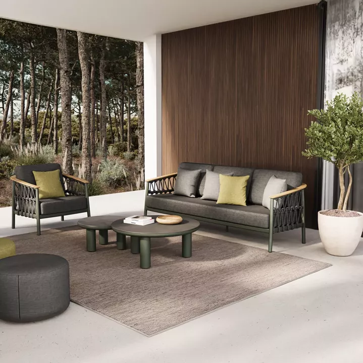 OUTDOOR LOUNGE SET 5PCS STREAM HM6426.07 ALUMINUM IN GREEN-DARK GREY STRAP ROPE & OLEFIN FABRIC