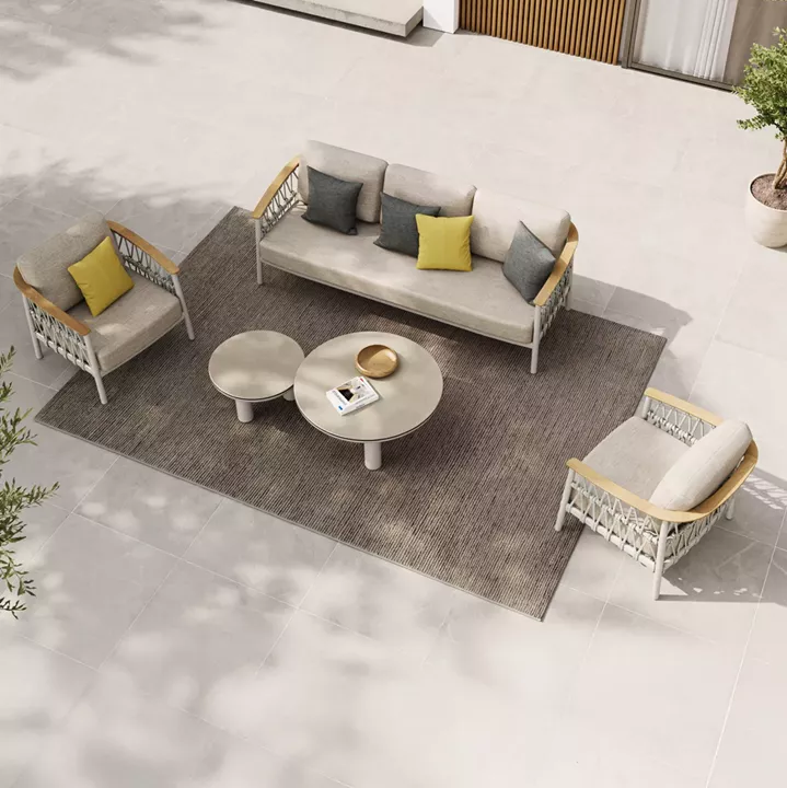 OUTDOOR LOUNGE SET 5PCS STREAM HM6426.02 ALUMINUM IN CREAM WHITE--BEIGE STRAP ROPE & OLEFIN FABRIC