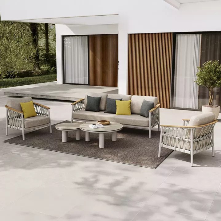OUTDOOR LOUNGE SET 5PCS STREAM HM6426.02 ALUMINUM IN CREAM WHITE--BEIGE STRAP ROPE & OLEFIN FABRIC
