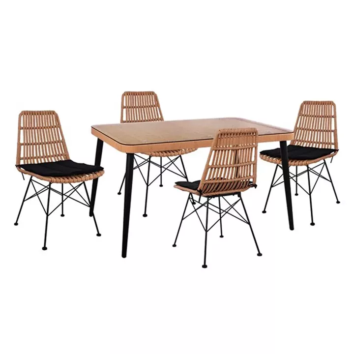 Set 5 pieces Allegra Wicker with Table 140x80x78 Beige & Black Color HM10491