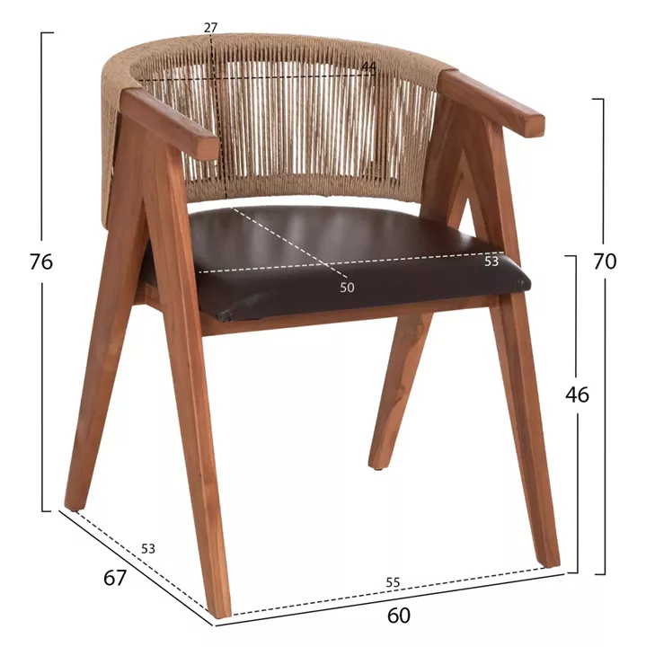 DINING CHAIR BRANN HM18238.11 TEAK WOOD-ROPE-BROWN PU 60x67x76Hcm.