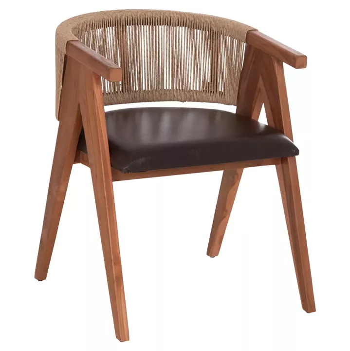 DINING CHAIR BRANN HM18238.11 TEAK WOOD-ROPE-BROWN PU 60x67x76Hcm.