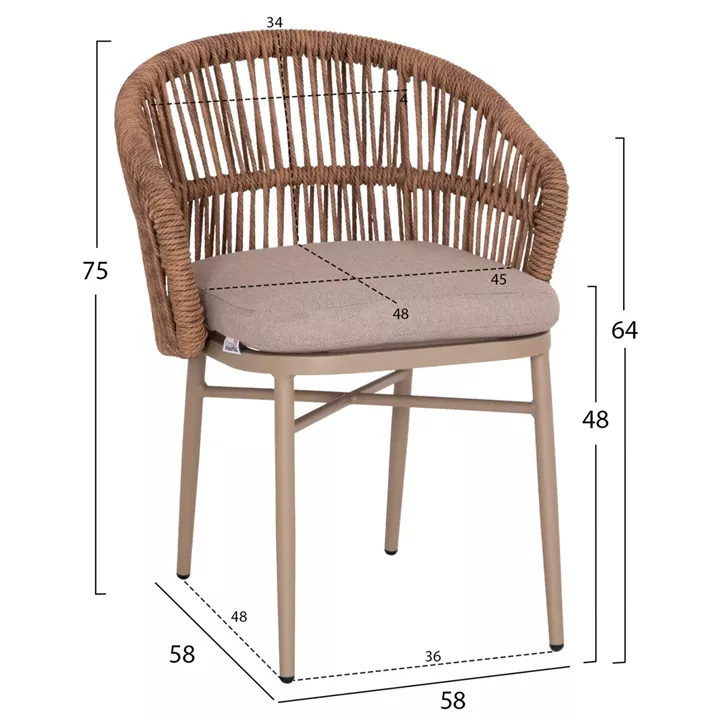 ALUMINUM DINING CHAIR ORIN HM6265.03 CAPPUCCINO FRAME-P.E. RATTAN IN NATURAL 58x61x75Hcm.