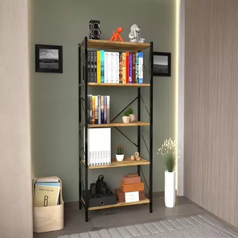 Βιβλιοθήκη Bimblem pakoworld oak με μαύρο μέταλλο 60x30x150εκ