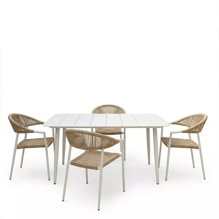 Dining set Ammos Vista pakoworld set of 5 peices white aluminum frame with PE rope in natural shade 150x80x72cm