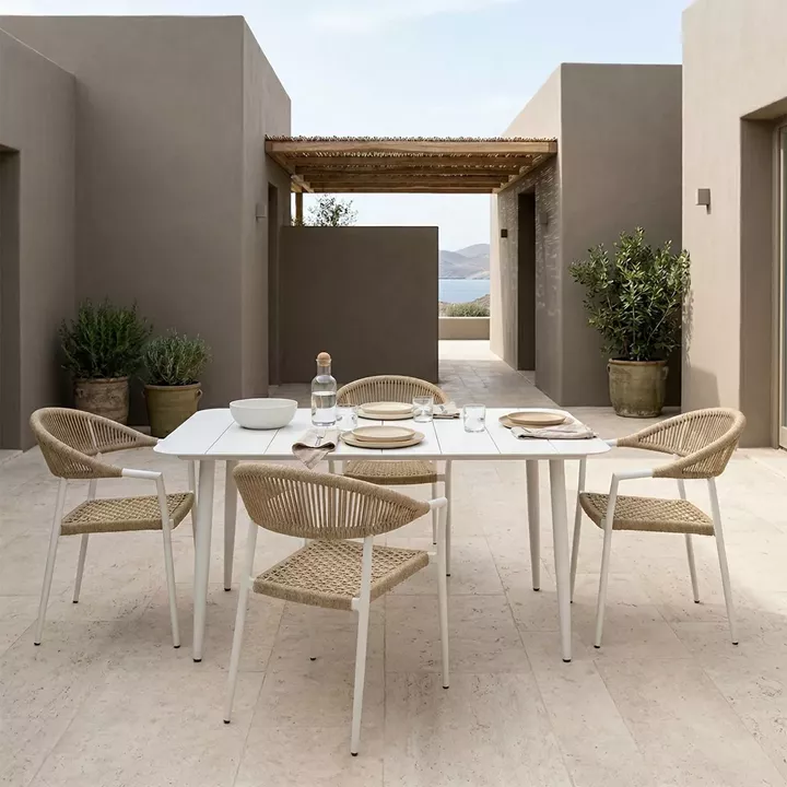 Dining set Ammos Vista pakoworld set of 5 peices white aluminum frame with PE rope in natural shade 150x80x72cm
