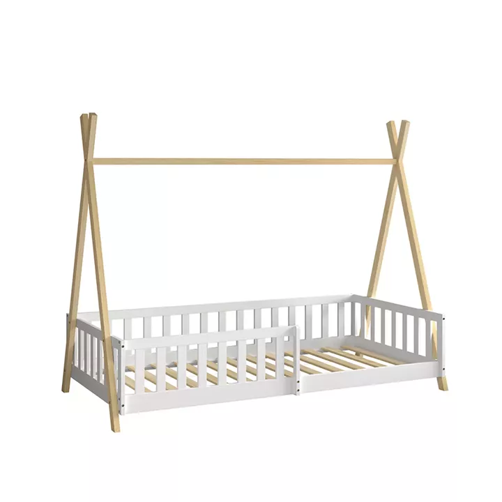 BED FOR KIDS WITH RAILING MUNK HM739.03 t.MONTESSORI-PINE WOOD IN NATURAL-WHITE FOR MATTRESS 190x90cm.