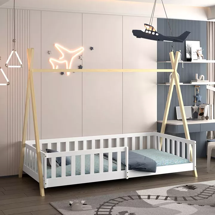 BED FOR KIDS WITH RAILING MUNK HM739.03 t.MONTESSORI-PINE WOOD IN NATURAL-WHITE FOR MATTRESS 190x90cm.