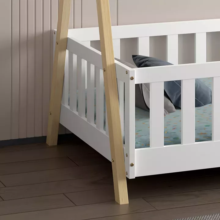 BED FOR KIDS WITH RAILING MUNK HM739.03 t.MONTESSORI-PINE WOOD IN NATURAL-WHITE FOR MATTRESS 190x90cm.