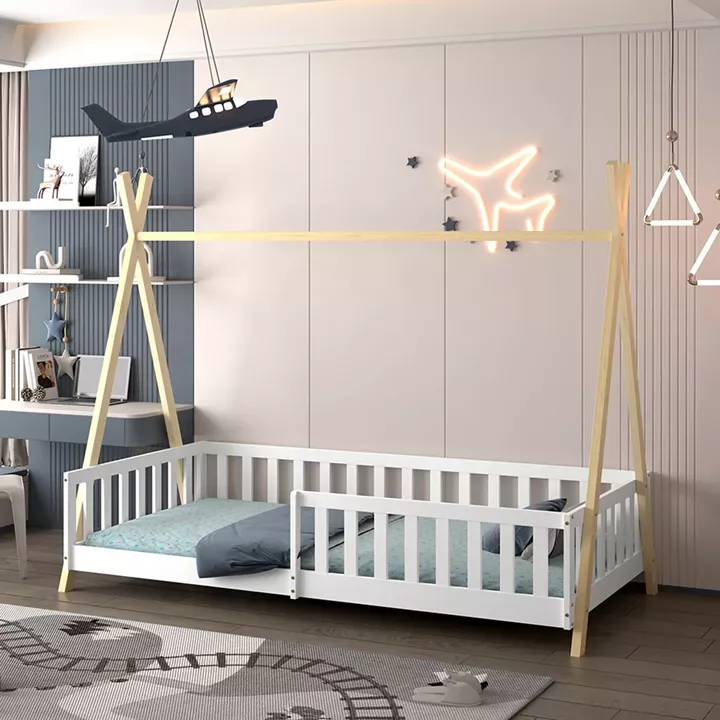 BED FOR KIDS WITH RAILING MUNK HM739.03 t.MONTESSORI-PINE WOOD IN NATURAL-WHITE FOR MATTRESS 190x90cm.