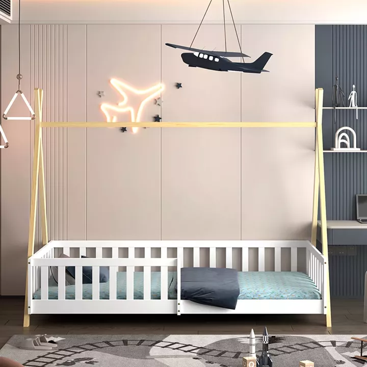 BED FOR KIDS WITH RAILING MUNK HM739.03 t.MONTESSORI-PINE WOOD IN NATURAL-WHITE FOR MATTRESS 190x90cm.