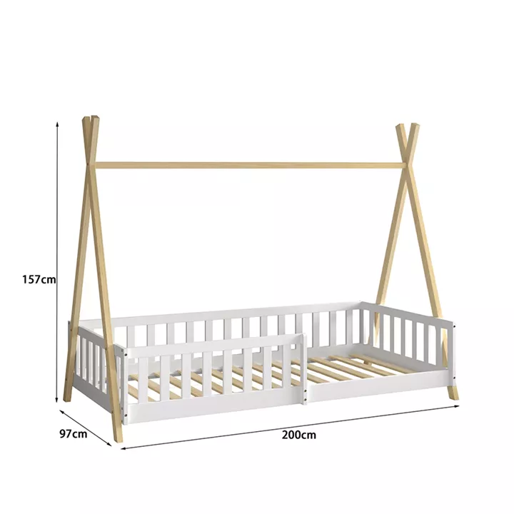 BED FOR KIDS WITH RAILING MUNK HM739.03 t.MONTESSORI-PINE WOOD IN NATURAL-WHITE FOR MATTRESS 190x90cm.