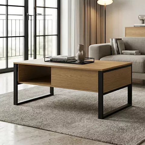 Bendon coffee table pakoworld light walnut - black metal 100x60x44.5cm