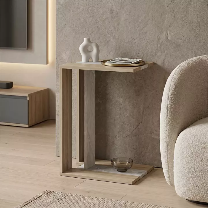 Βοηθητικό τραπέζι Muju pakoworld sonoma- μπεζ οψη μαρμάρου  30x40x55εκ