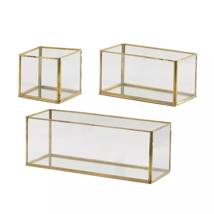 Artekko Boxes Γυάλινα Διακοσμητικά Δοχεία με Χρυσό Μεταλλικό Σκελετό (35.6x12.7x12.7)cm 3pcs