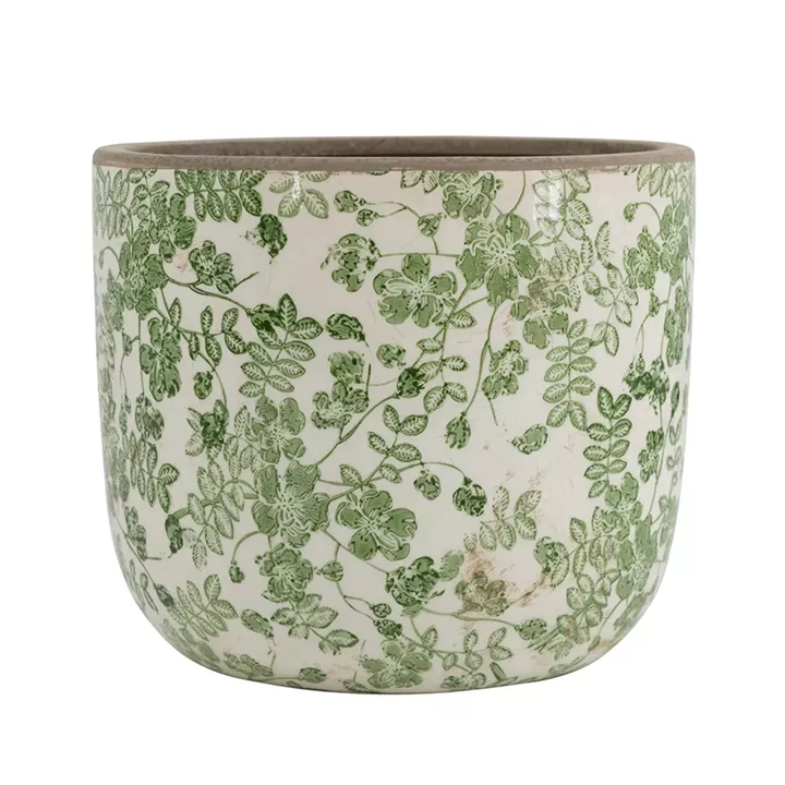Artekko Aging Μπεζ Διακοσμητικό Κεραμικό Κασπώ με Πράσινα Λουλούδια (20x20x17.5)cm