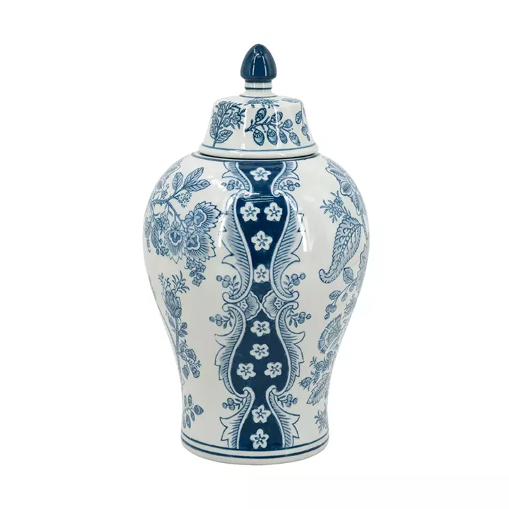 Artekko Melania Διακοσμητικό Βάζο Δοχείο με Καπάκι από Πορσελάνη σε Άσπρο με Μπλε (18x18x32)cm