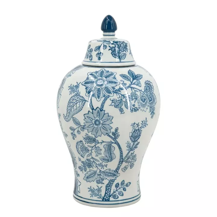 Artekko Melania Διακοσμητικό Βάζο Δοχείο με Καπάκι από Πορσελάνη σε Άσπρο με Μπλε (18x18x32)cm