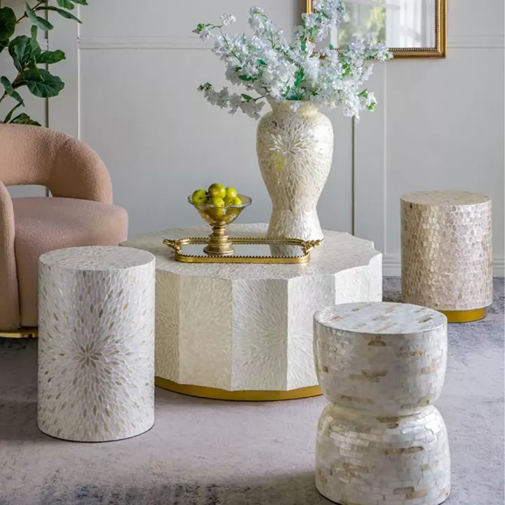 Artekko Ivory Εκρού Τραπέζι Σαλονιού από MDF και Capiz (90x90x40)cm