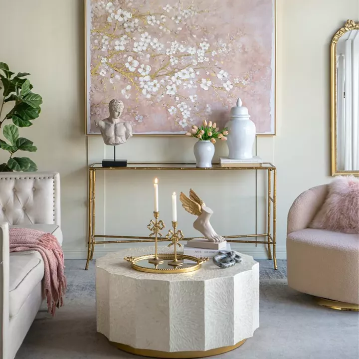 Artekko Ivory Εκρού Τραπέζι Σαλονιού από MDF και Capiz (90x90x40)cm