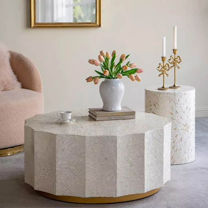 Artekko Ivory Εκρού Τραπέζι Σαλονιού από MDF και Capiz (90x90x40)cm