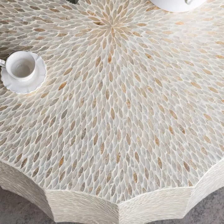 Artekko Ivory Εκρού Τραπέζι Σαλονιού από MDF και Capiz (90x90x40)cm
