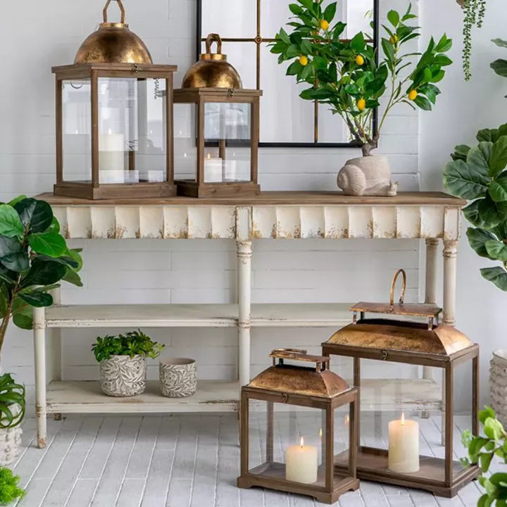 Artekko Lantern Καφέ Διακοσμητικά Φανάρια από Ξύλο Ελάτης με Χρυσές Λεπτομέρειες (48.6x26.7x57.1)cm (35.5x43.8x20.3)cm 2pcs