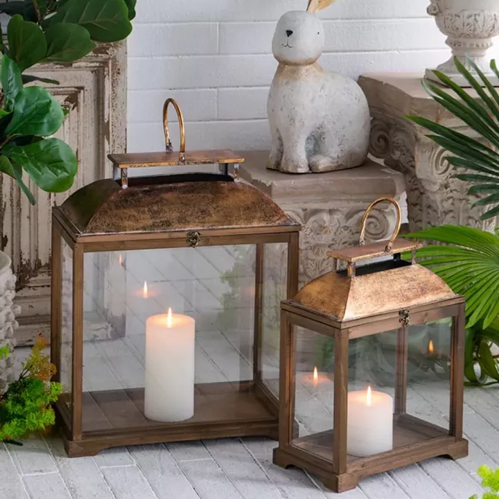 Artekko Lantern Καφέ Διακοσμητικά Φανάρια από Ξύλο Ελάτης με Χρυσές Λεπτομέρειες (48.6x26.7x57.1)cm (35.5x43.8x20.3)cm 2pcs