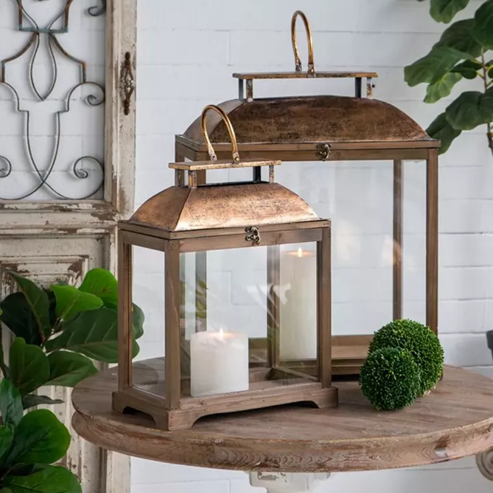 Artekko Lantern Καφέ Διακοσμητικά Φανάρια από Ξύλο Ελάτης με Χρυσές Λεπτομέρειες (48.6x26.7x57.1)cm (35.5x43.8x20.3)cm 2pcs