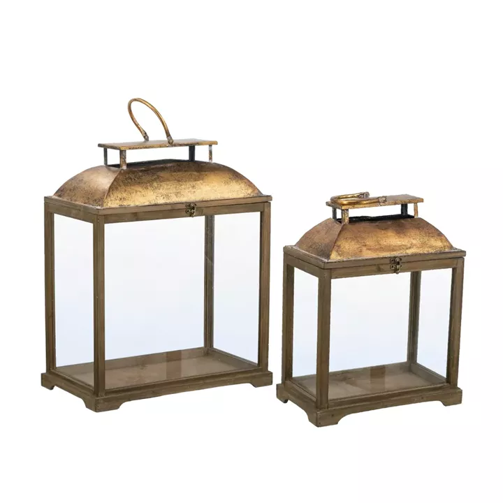 Artekko Lantern Καφέ Διακοσμητικά Φανάρια από Ξύλο Ελάτης με Χρυσές Λεπτομέρειες (48.6x26.7x57.1)cm (35.5x43.8x20.3)cm 2pcs