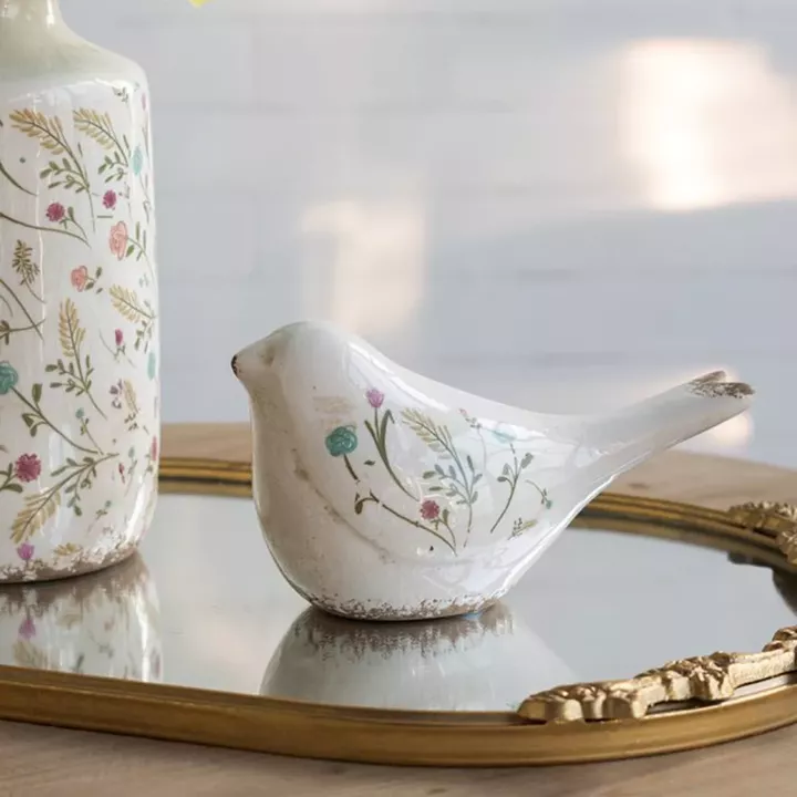 Artekko Aging Λευκό Κεραμικό Διακοσμητικό Πουλί με Λουλούδια (20.5x9x11.5)cm