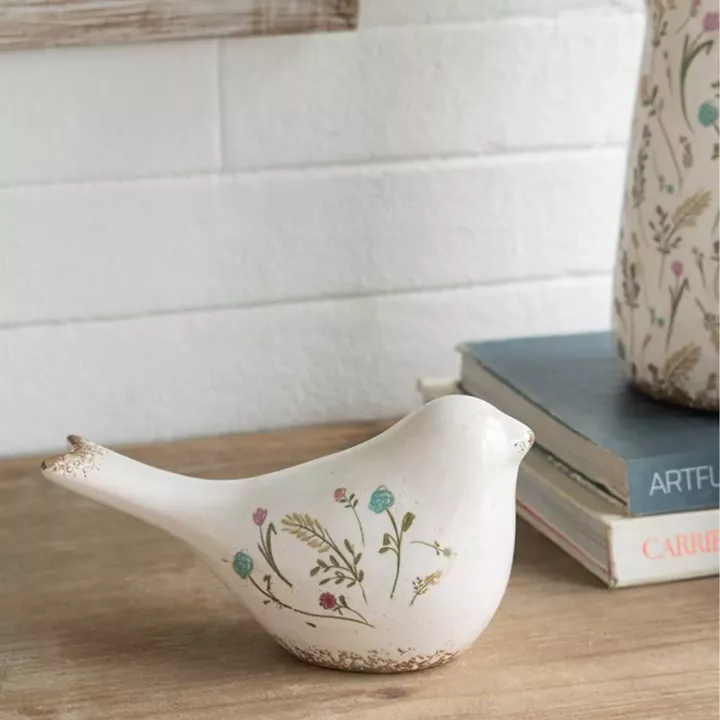 Artekko Aging Λευκό Κεραμικό Διακοσμητικό Πουλί με Λουλούδια (20.5x9x11.5)cm